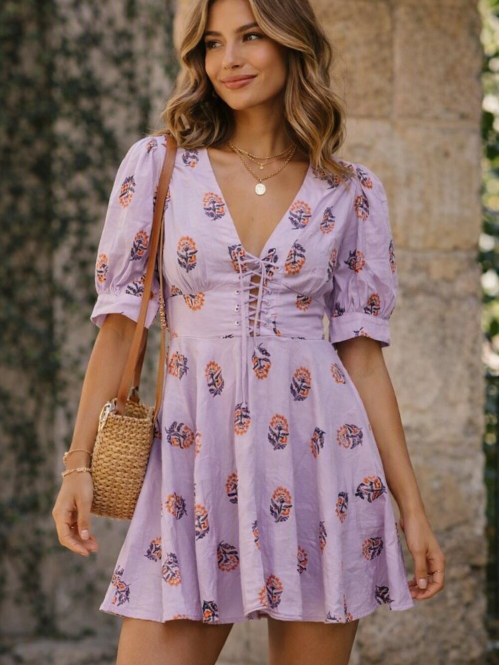House of Harlow 1960 Purple Floral Mini Dress with Corset Front